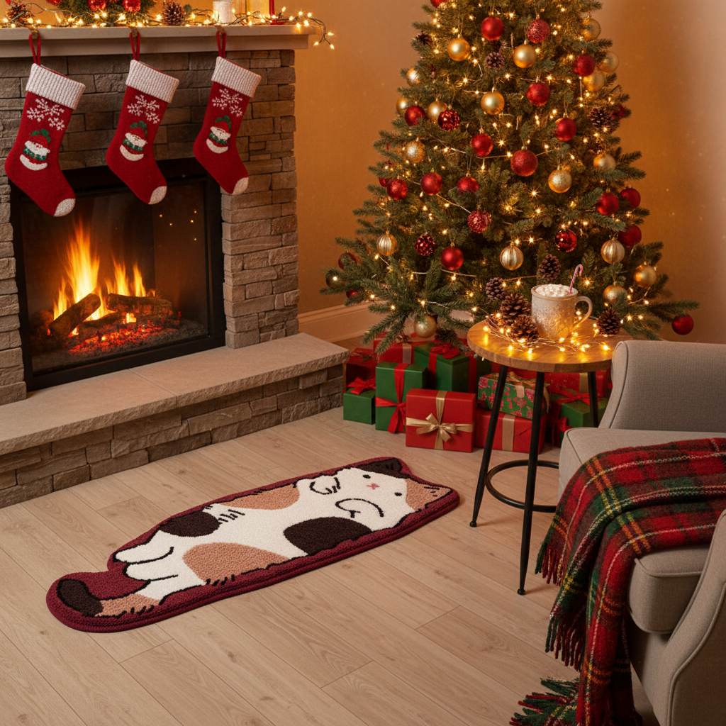 Calico Cat Rug Poppy Christmas Theme